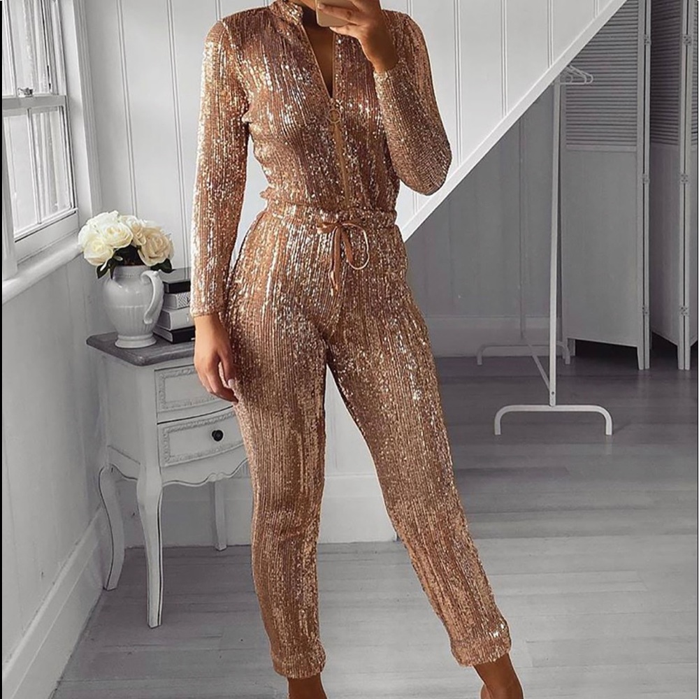 Fashion Nova Rose Gold Sequin Skinny Jumpsuit